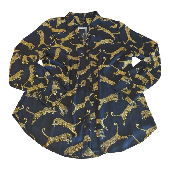 Vtg Black Leopard Print Blouse | Gold Jaguar Print | Button V-Neck Top | Large - Picture 3 of 13
